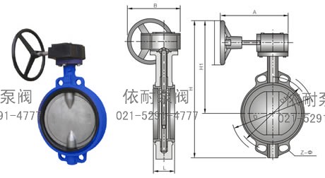 D371X/F/J/H/S-10/16C(Q/P)对夹式蜗轮(衬胶)脱硫蝶阀 外形尺寸图