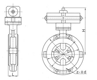 DA671型对夹连接气动中线蝶阀 外形尺寸图