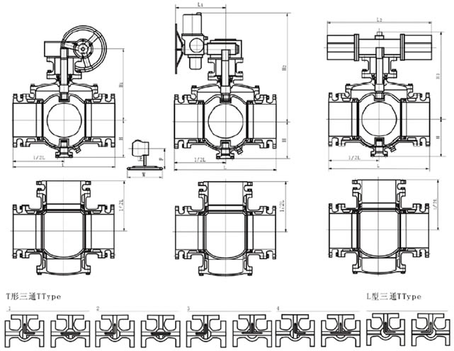 Q341F三通四密封涡轮球阀 结构图2