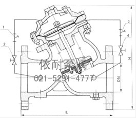 JD745X隔膜式多功能水泵控制阀 结构图1、过滤器  2、小球阀  3、过滤器  4、小球阀
