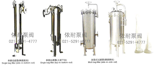 单袋过滤器（侧进底出）；单袋过滤器（上进下出）；多袋式过滤器（侧进侧出）